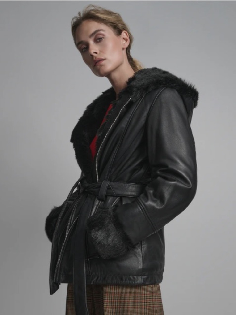 Wilsons Leather Faux Fur Belted Trench Jacket with Asymmetrical Zip - Picture 5 of 16